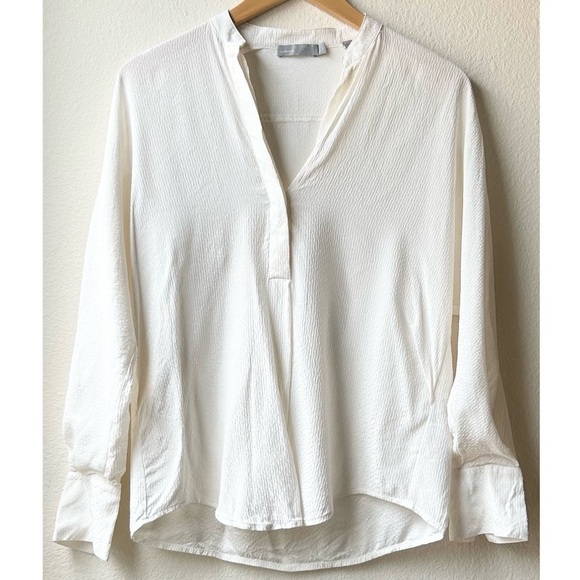 Vince Dot Silk Jacquard Popover Off White Banded Collar Blouse Sz XS - Picture 4 of 16